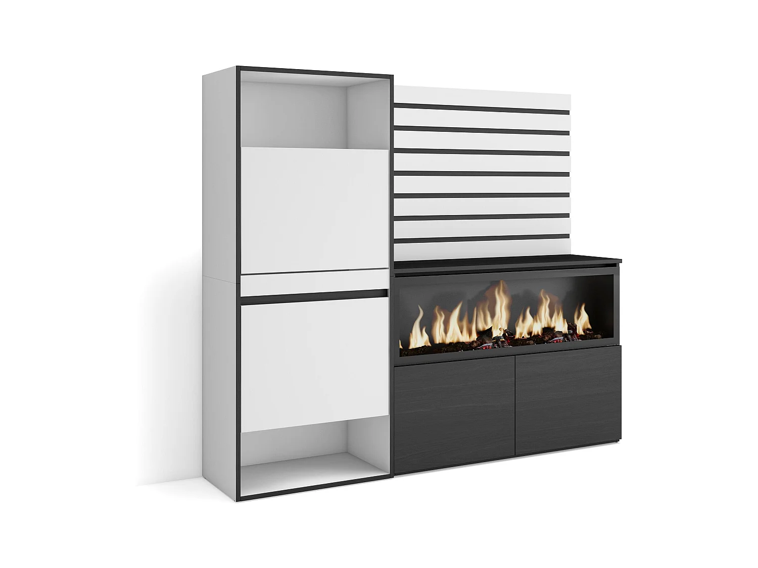 Dressoir, Opbergkast, 167x35x145cm, Voor slaapkamer, kamer, Elektrische haard XXL, Schoenenkast, Wit