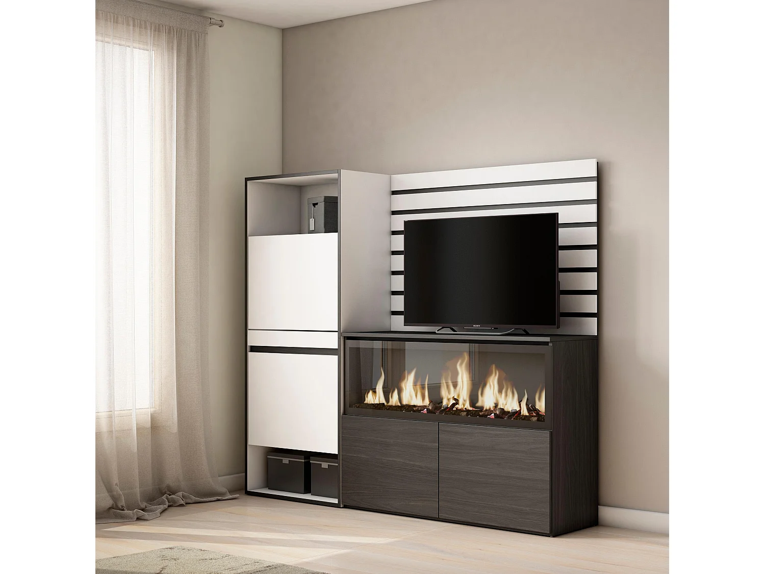 Buffet, Bahut, 167x35x145cm, Chambre à coucher, pièce, Cheminée électrique XXL, Meuble à Chaussures, Blanc