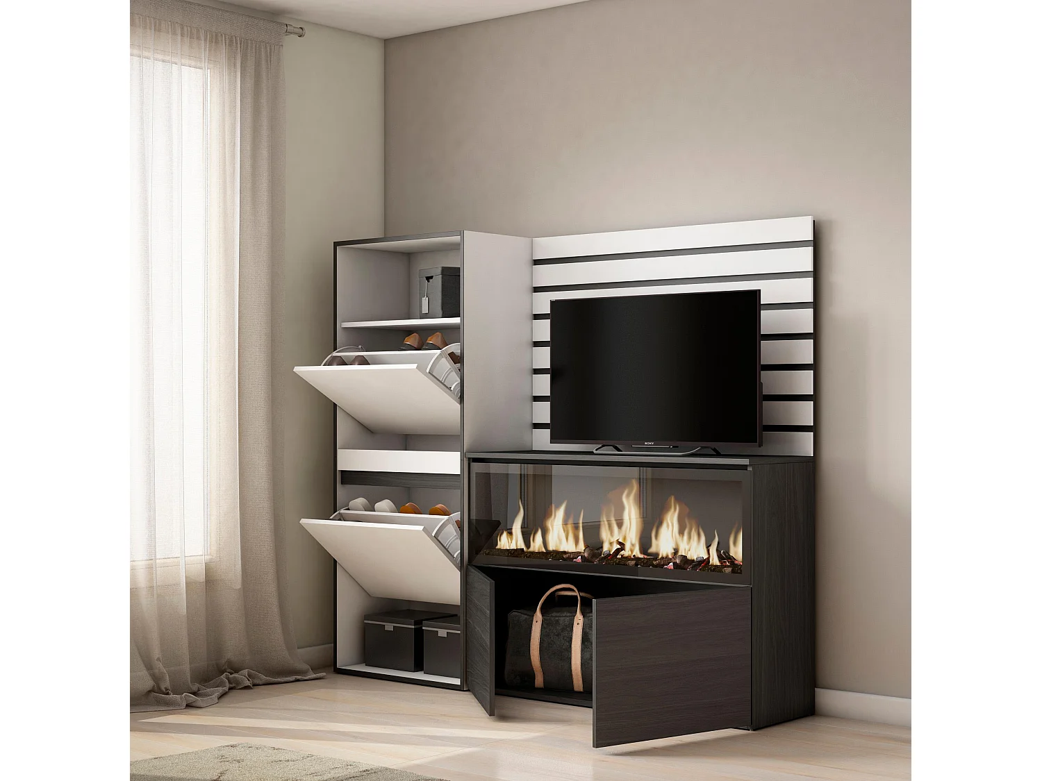Buffet, Bahut, 167x35x145cm, Chambre à coucher, pièce, Cheminée électrique XXL, Meuble à Chaussures, Blanc