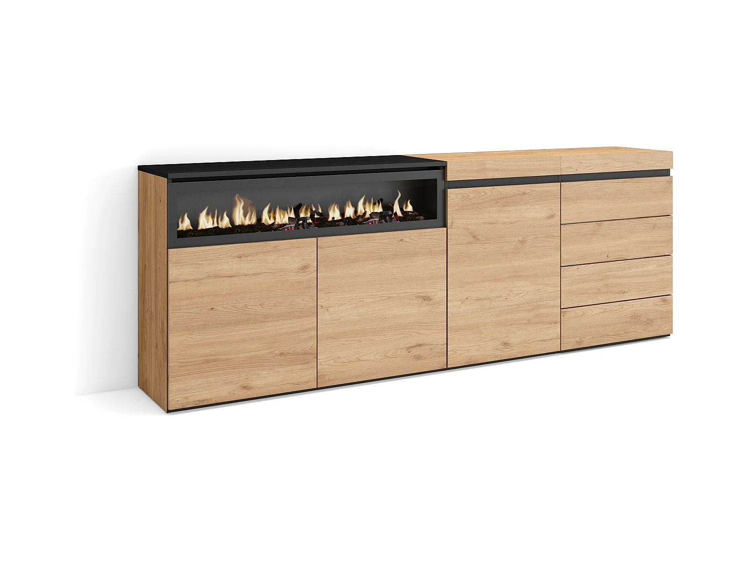 Buffet, Bahut, 207x35x75 cm, Chambre à coucher, pièce, Cheminée électrique, Commode, Buffet, Chêne