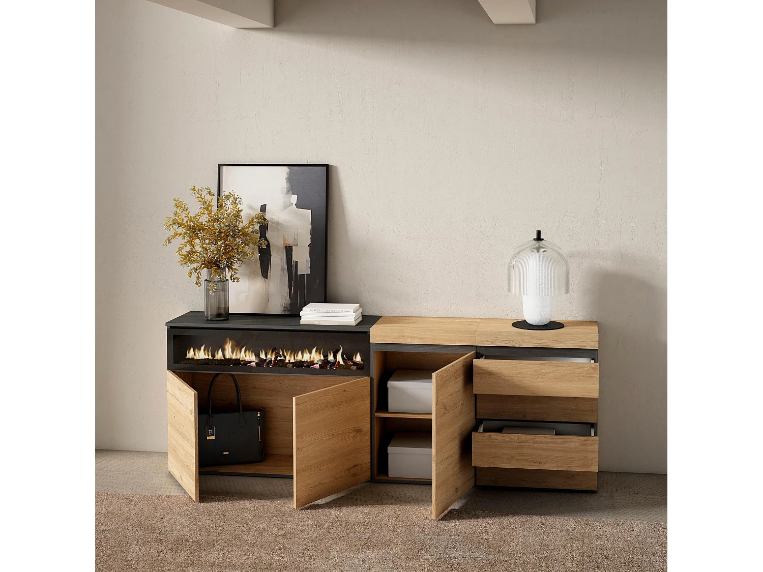 Dressoir, Opbergkast, 207x35x75cm, Voor slaapkamer, kamer, Elektrische haard, Ladekast, Commode, Eiken