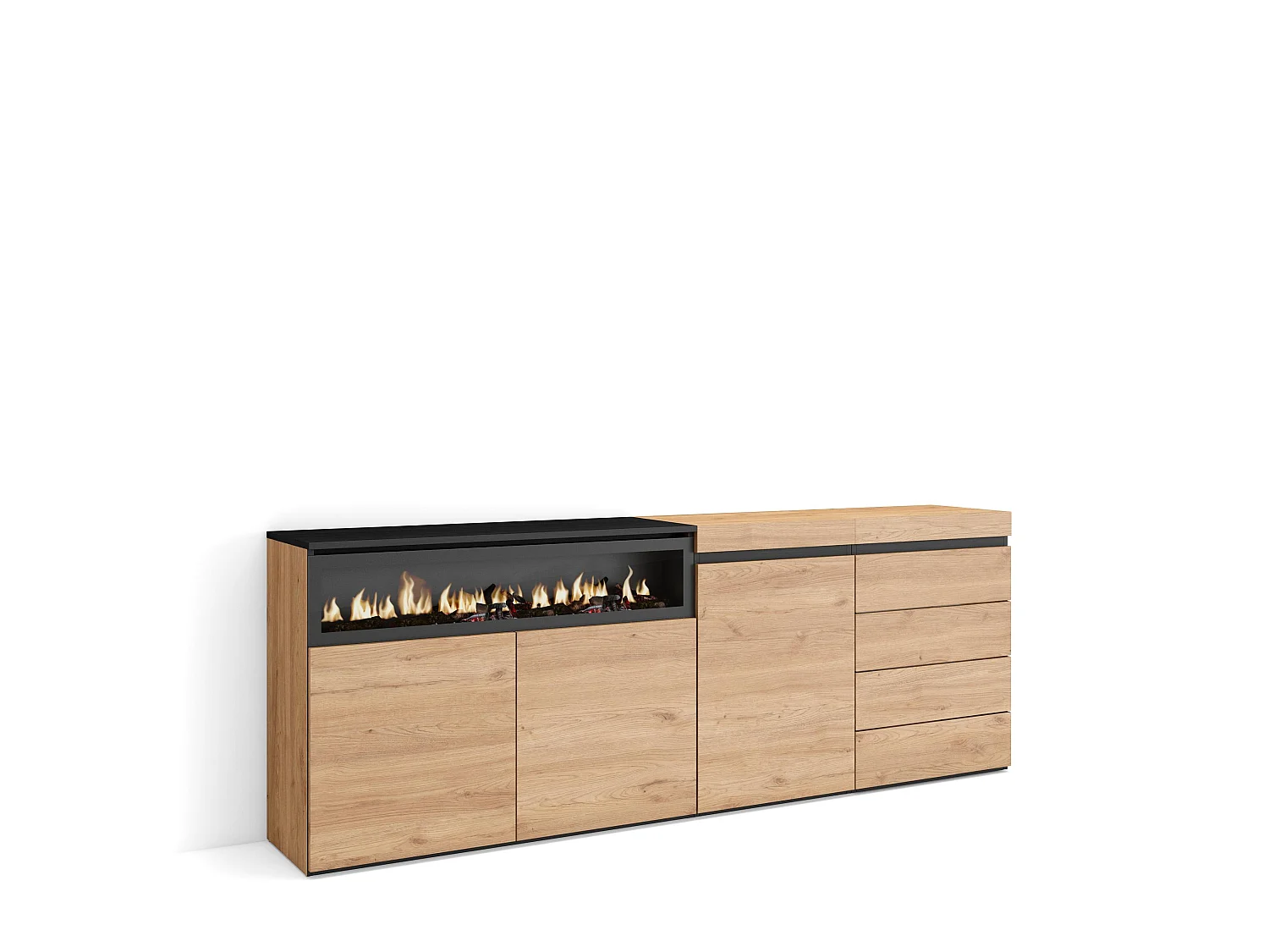 Dressoir, Opbergkast, 207x35x75cm, Voor slaapkamer, kamer, Elektrische haard, Ladekast, Commode, Eiken