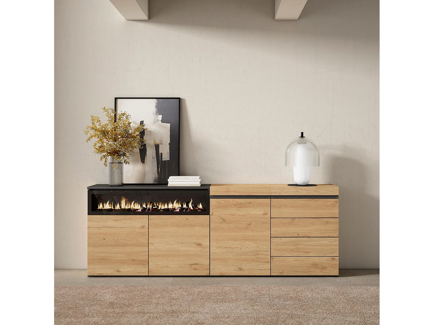 Dressoir, Opbergkast, 207x35x75cm, Voor slaapkamer, kamer, Elektrische haard, Ladekast, Commode, Eiken