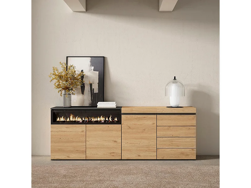 Buffet, Bahut, 207x35x75 cm, Chambre à coucher, pièce, Cheminée électrique, Commode, Buffet, Chêne