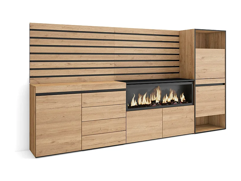 Credenza, 274x35x145cm, Camera da letto, stanza, Camino elettrico XXL, Cassettiera, Scarpiera, Rovere