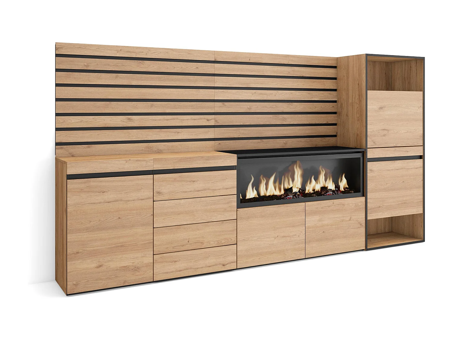 Buffet, Bahut, 274x35x145 cm, Chambre à coucher, pièce, Cheminée électrique XXL, Commode, Buffet, Meuble à Chaussures, Chêne