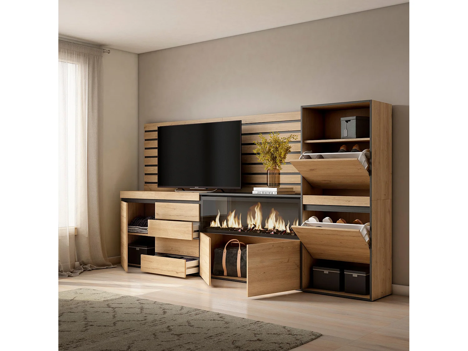 Buffet, Bahut, 274x35x145 cm, Chambre à coucher, pièce, Cheminée électrique XXL, Commode, Buffet, Meuble à Chaussures, Chêne