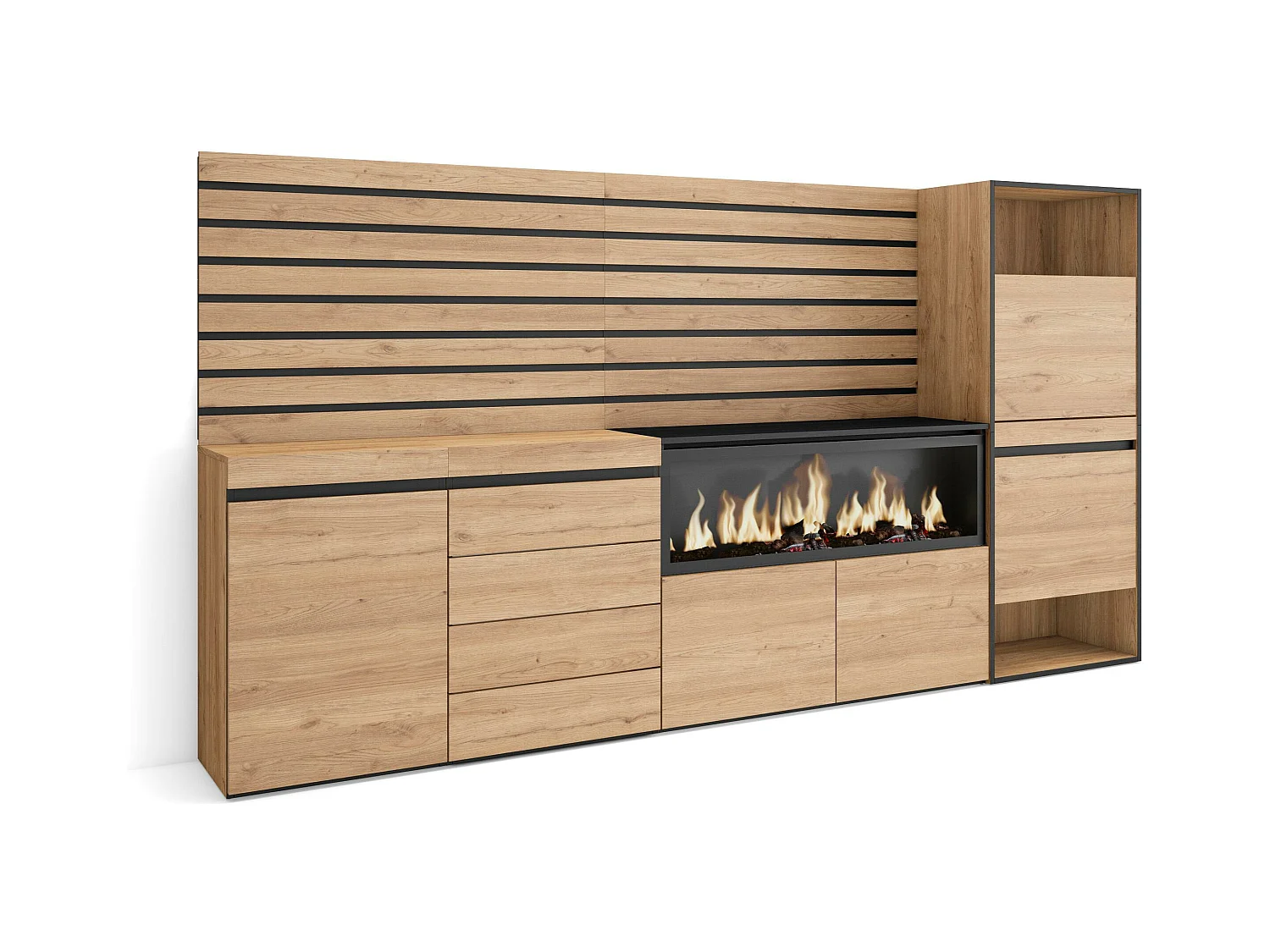 Buffet, Bahut, 274x35x145 cm, Chambre à coucher, pièce, Cheminée électrique XXL, Commode, Buffet, Meuble à Chaussures, Chêne
