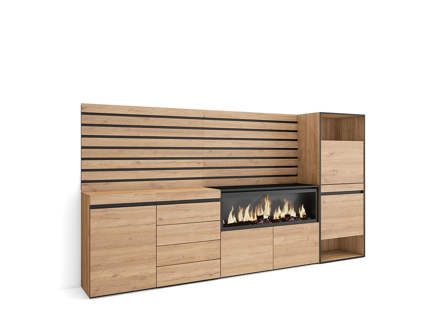 Dressoir, Opbergkast, 274x35x145cm, Voor slaapkamer, kamer, Elektrische haard XXL, Ladekast, Commode, Schoenenkast, Eiken