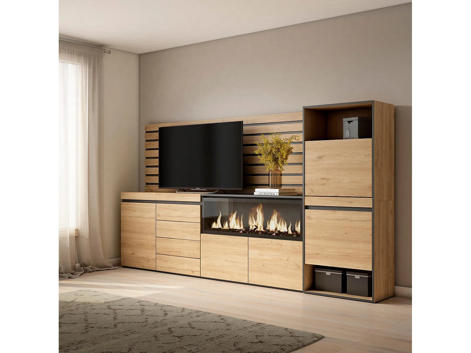 Dressoir, Opbergkast, 274x35x145cm, Voor slaapkamer, kamer, Elektrische haard XXL, Ladekast, Commode, Schoenenkast, Eiken