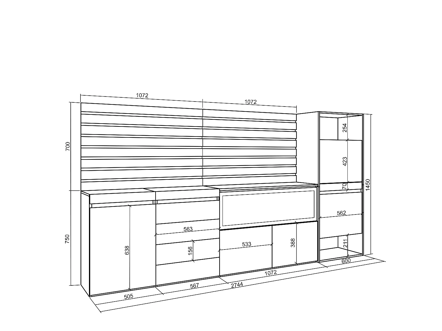Dressoir, Opbergkast, 274x35x145cm, Voor slaapkamer, kamer, Elektrische haard XXL, Ladekast, Commode, Schoenenkast, Eiken