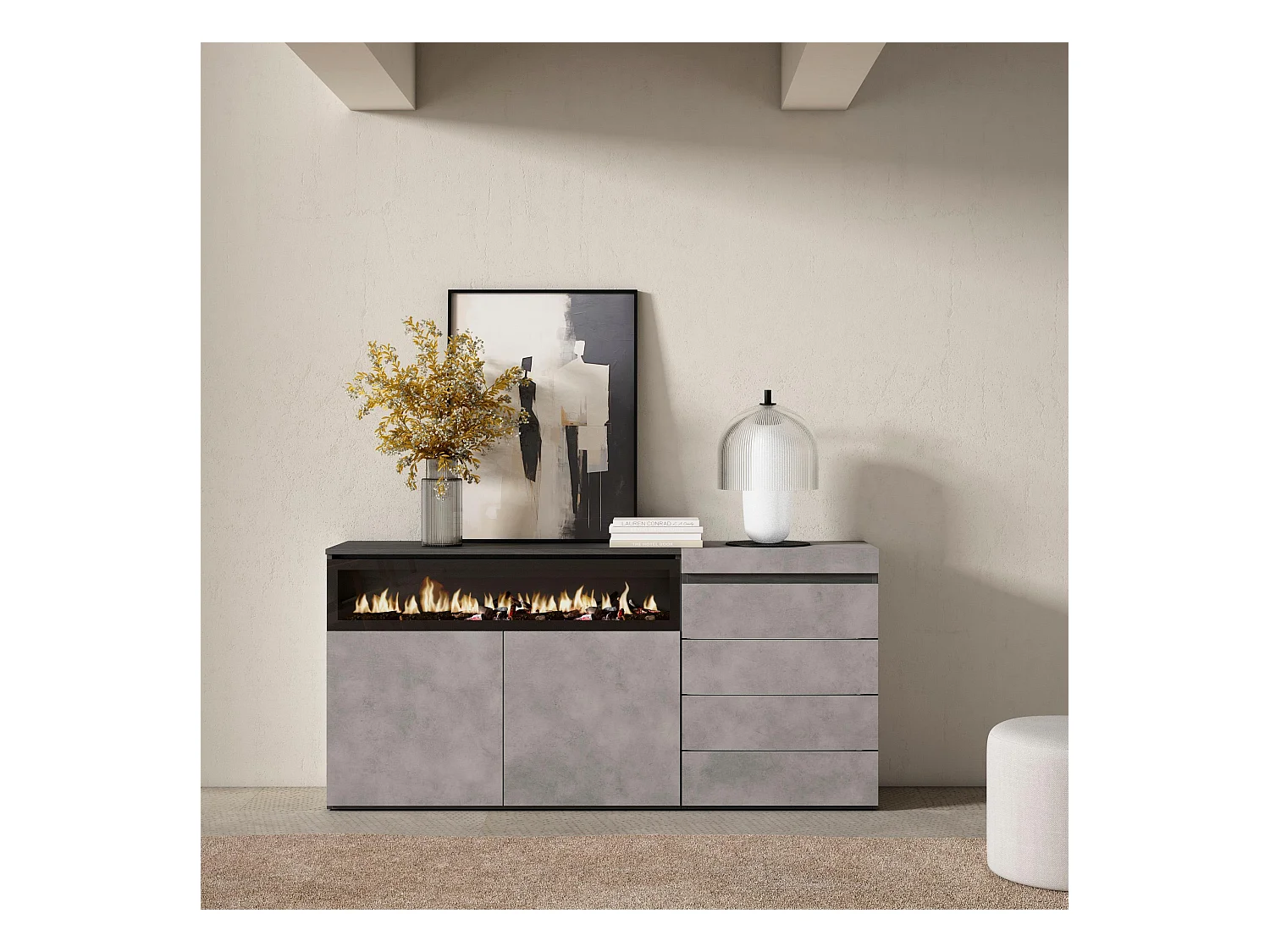 Buffet, Bahut, 157x35x75 cm, Chambre à coucher, pièce, Cheminée électrique, Commode, Buffet, Ciment