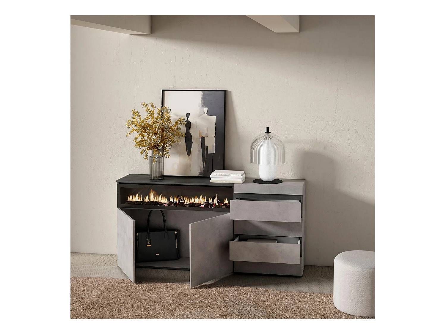 Buffet, Bahut, 157x35x75 cm, Chambre à coucher, pièce, Cheminée électrique, Commode, Buffet, Ciment