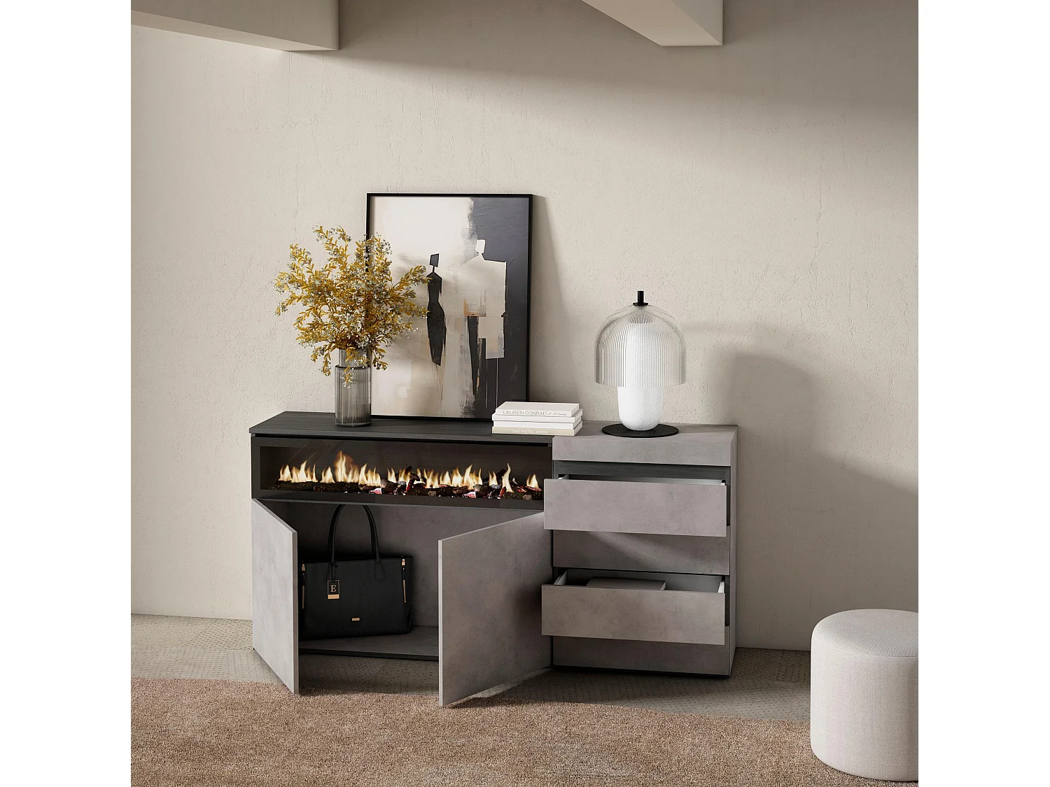 Dressoir, Opbergkast, 157x35x75cm, Voor slaapkamer, kamer, Elektrische haard, Ladekast, Commode, Cement