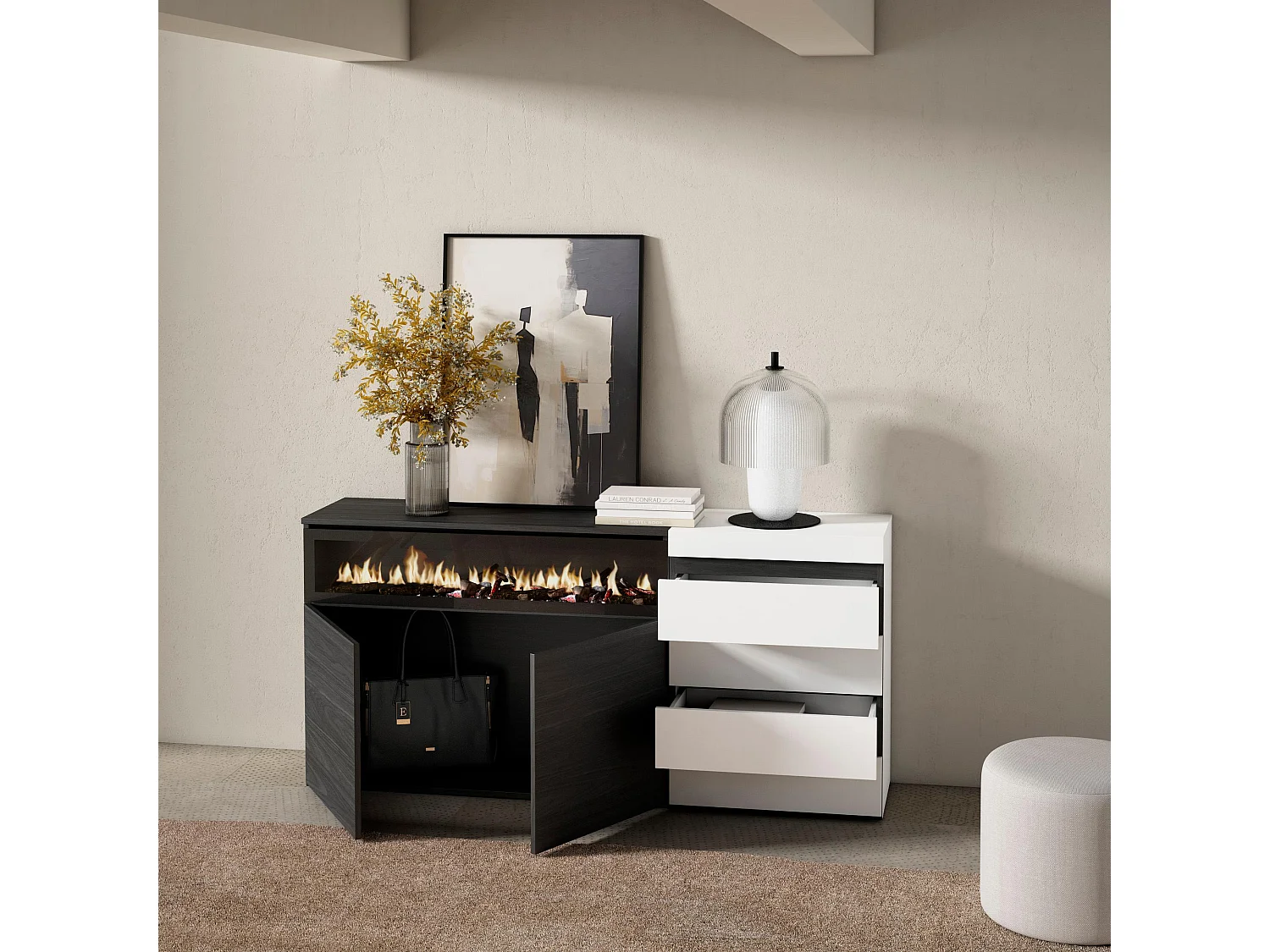 Buffet, Bahut, 157x35x75 cm, Chambre à coucher, pièce, Cheminée électrique, Commode, Buffet, Blanc