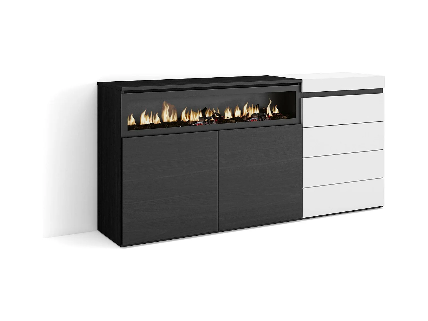 Buffet, Bahut, 157x35x75 cm, Chambre à coucher, pièce, Cheminée électrique, Commode, Buffet, Blanc