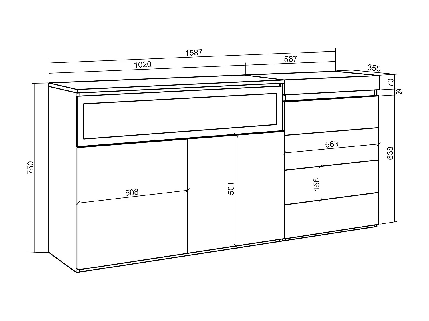 Dressoir, Opbergkast, 157x35x75cm, Voor slaapkamer, kamer, Elektrische haard, Ladekast, Commode, Wit