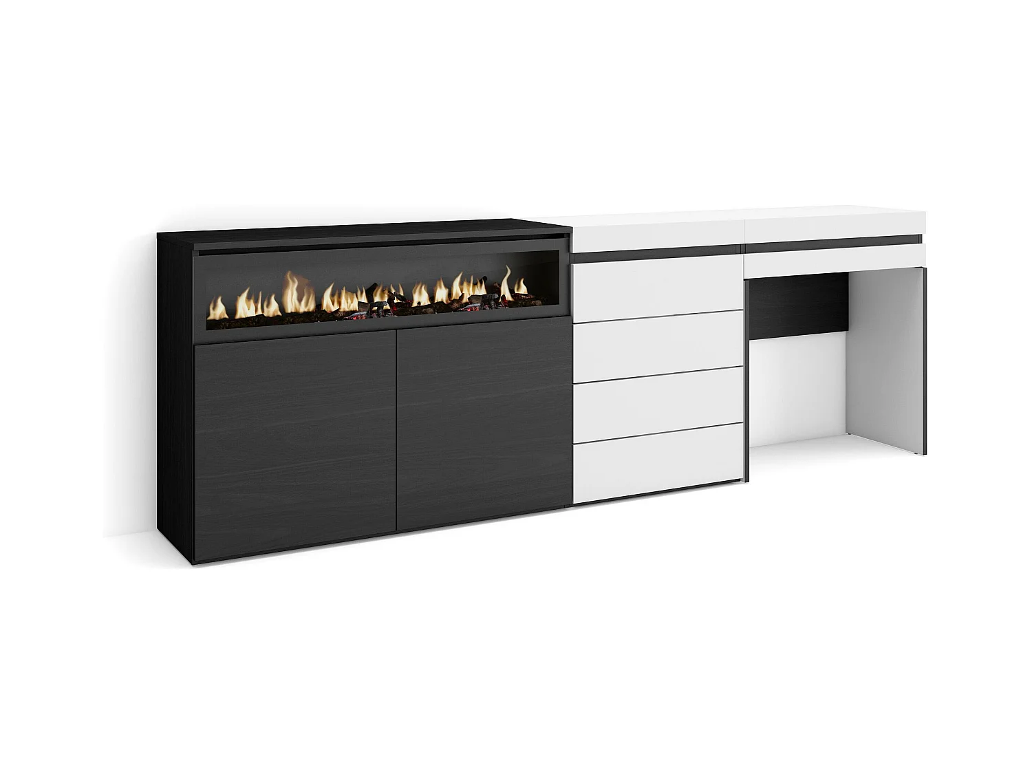 Buffet, Bahut, 227x35x75 cm, Chambre à coucher, pièce, Cheminée électrique, Commode, Buffet, Coiffeuse, Blanc