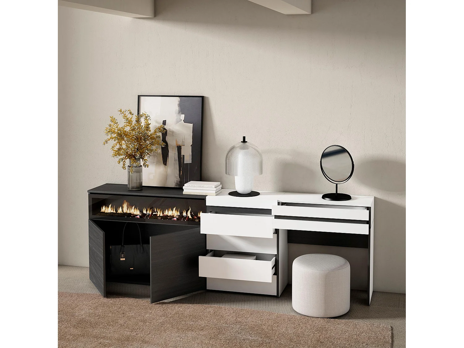 Buffet, Bahut, 227x35x75cm, Chambre à coucher, pièce, Cheminée électrique, Commode, Buffet, Coiffeuse, Blanc