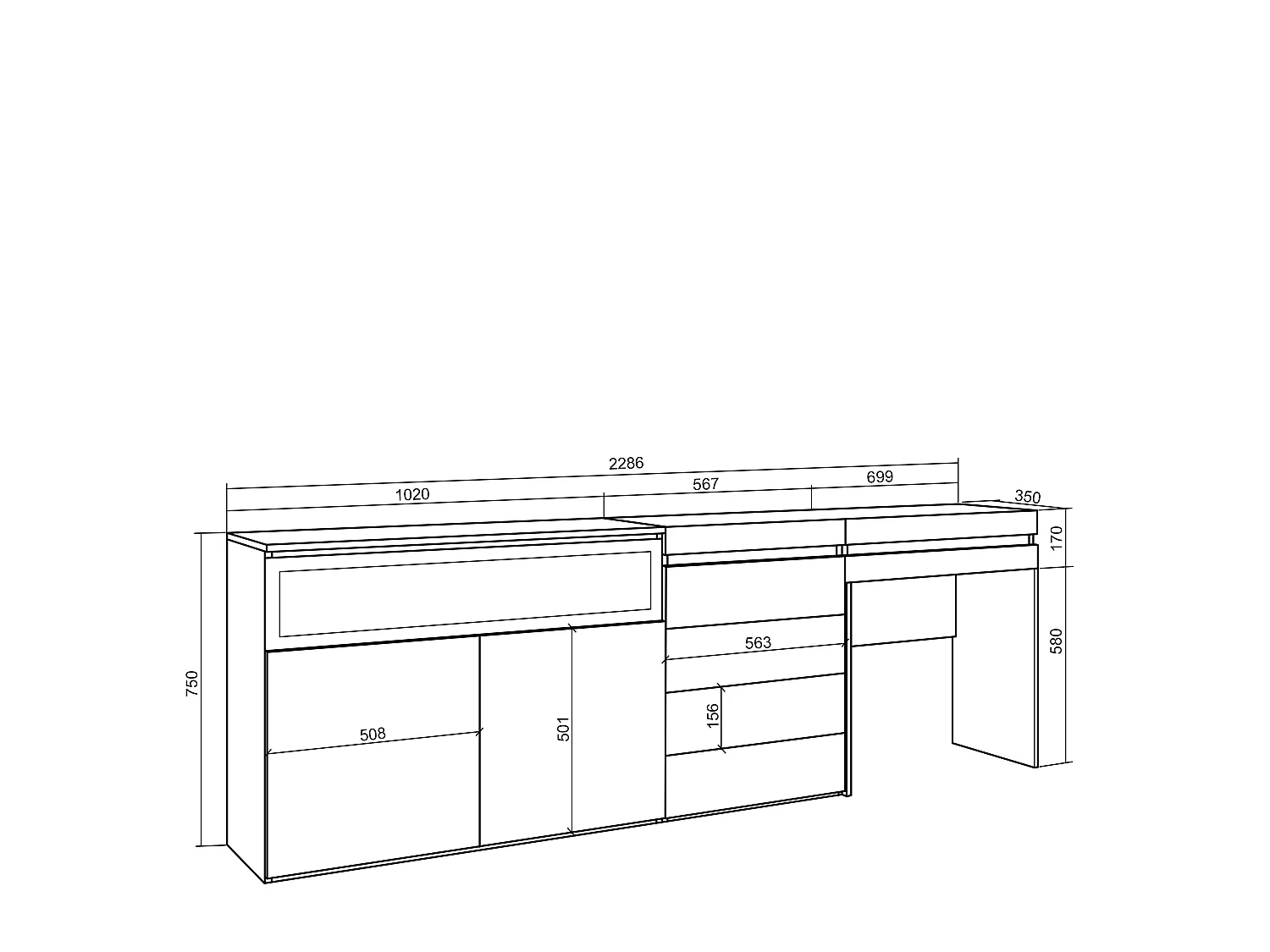 Buffet, Bahut, 227x35x75cm, Chambre à coucher, pièce, Cheminée électrique, Commode, Buffet, Coiffeuse, Blanc