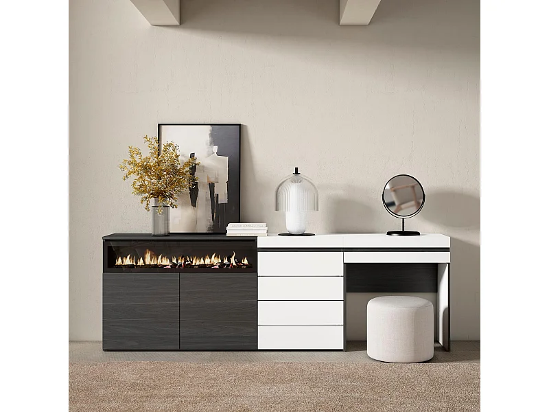 Dressoir, Opbergkast, 227x35x75cm, Voor slaapkamer, kamer, Elektrische haard, Ladekast, Commode, Kaptafel, Make-uptafel, Wit