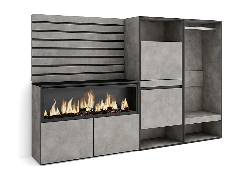 Credenza, 227x35x145cm, Camera da letto, stanza, Camino elettrico XXL, Scarpiera, Armadio Aperto, Cemento