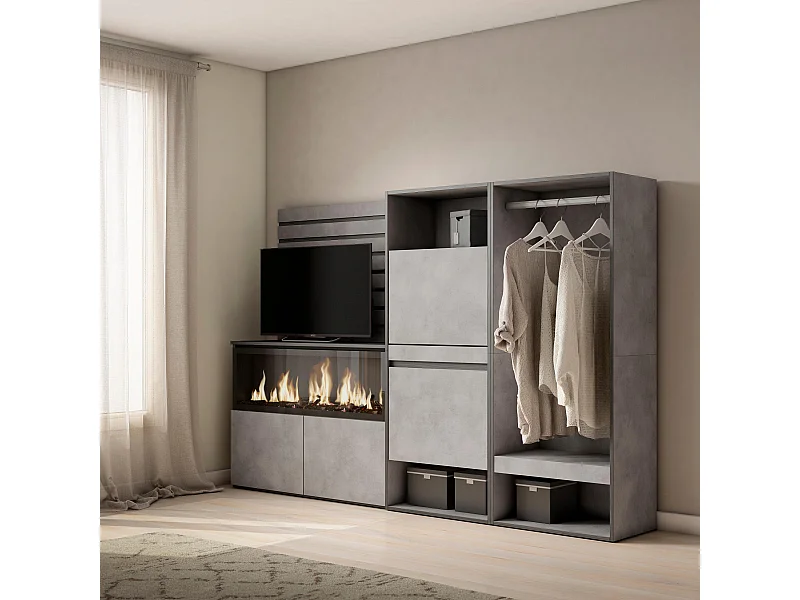 Buffet, Bahut, 227x35x145 cm, Chambre à coucher, pièce, Cheminée électrique XXL, Meuble à Chaussures, Vestiaire ouvert, Ciment