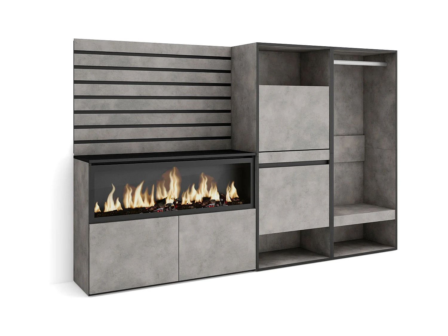 Buffet, Bahut, 227x35x145 cm, Chambre à coucher, pièce, Cheminée électrique XXL, Meuble à Chaussures, Vestiaire ouvert, Ciment