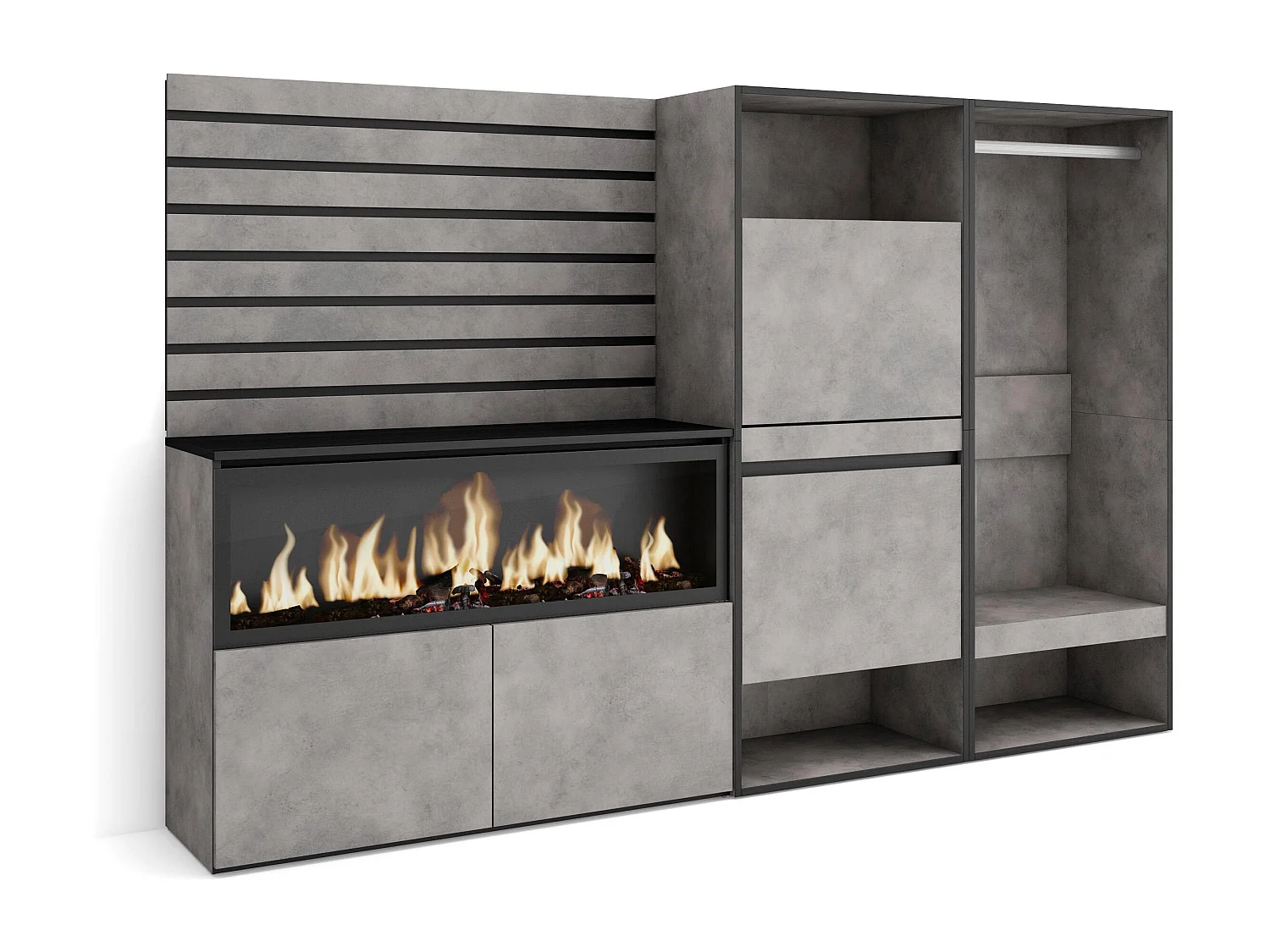 Buffet, Bahut, 227x35x145 cm, Chambre à coucher, pièce, Cheminée électrique XXL, Meuble à Chaussures, Vestiaire ouvert, Ciment