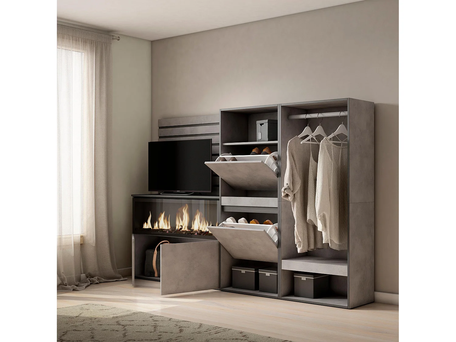 Buffet, Bahut, 227x35x145 cm, Chambre à coucher, pièce, Cheminée électrique XXL, Meuble à Chaussures, Vestiaire ouvert, Ciment