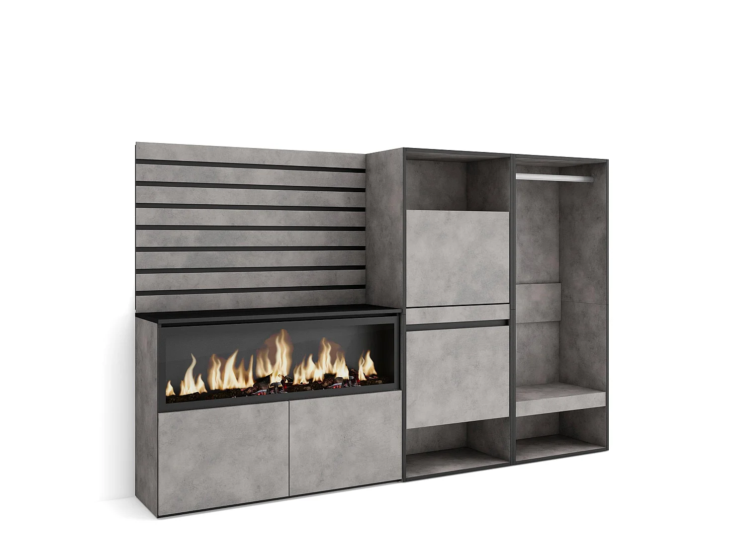 Buffet, Bahut, 227x35x145cm, Chambre à coucher, pièce, Cheminée électrique XXL, Meuble à Chaussures, Vestiaire ouvert, Ciment