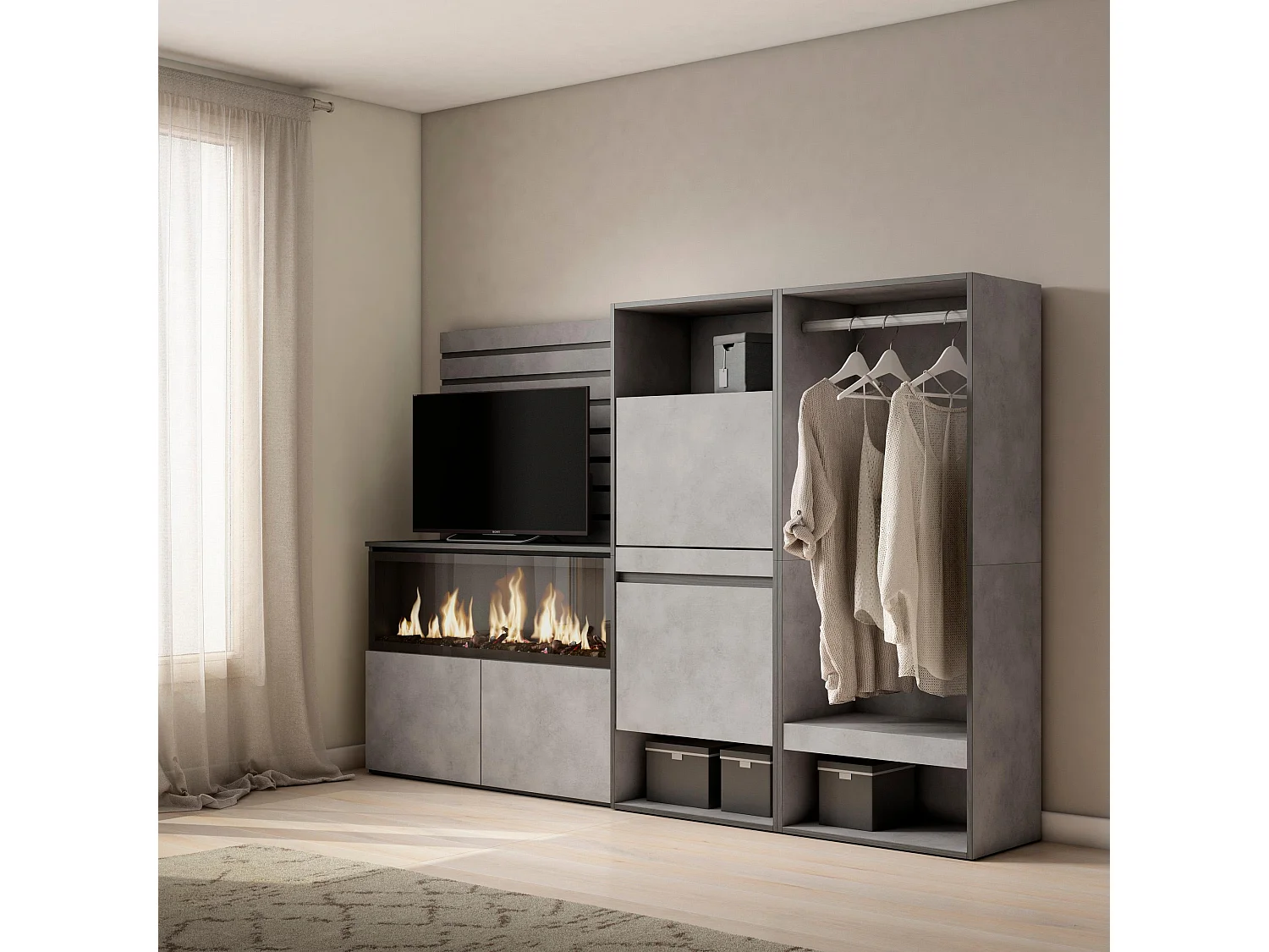 Buffet, Bahut, 227x35x145cm, Chambre à coucher, pièce, Cheminée électrique XXL, Meuble à Chaussures, Vestiaire ouvert, Ciment