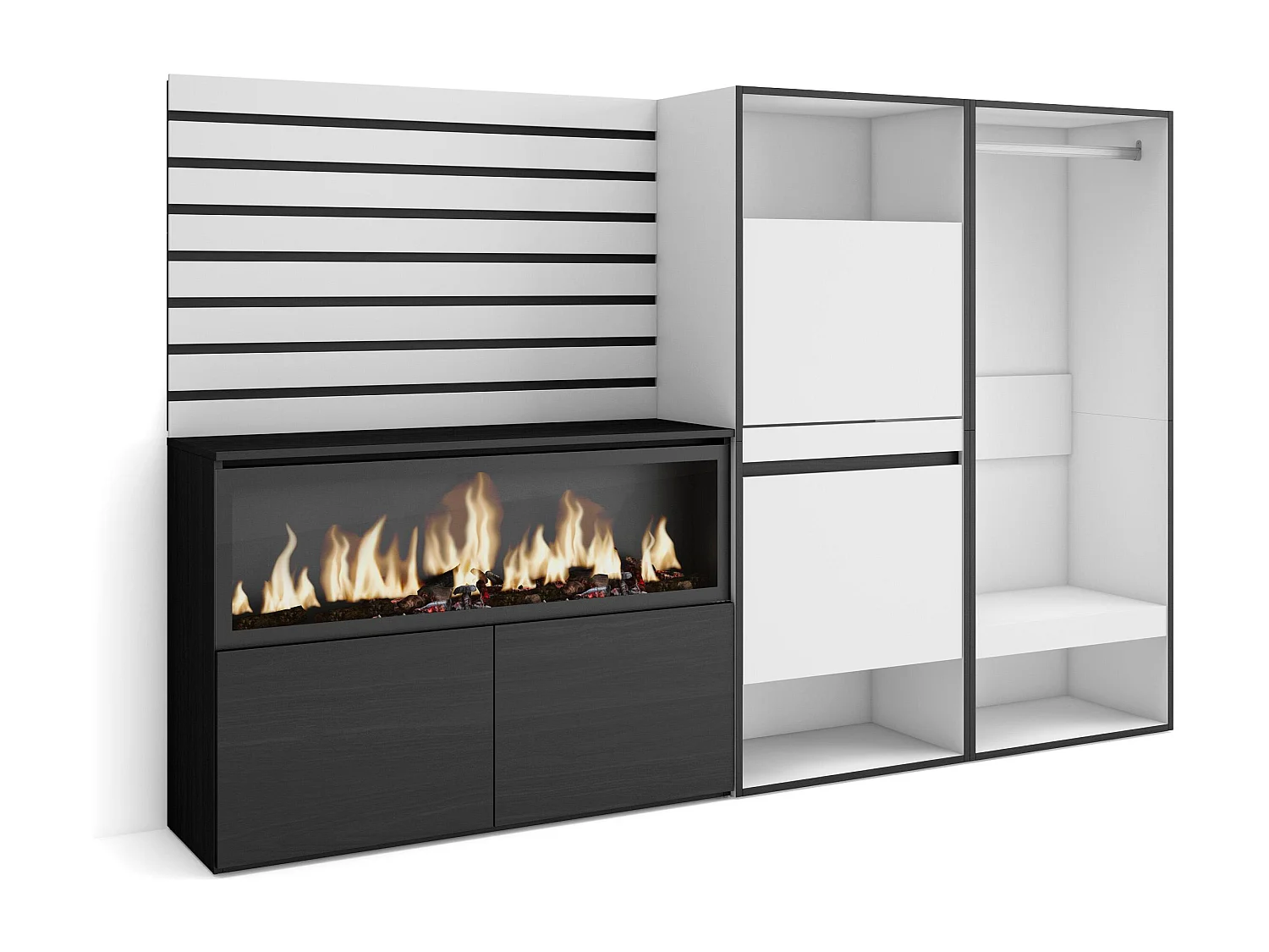 Buffet, Bahut, 227x35x145 cm, Chambre à coucher, pièce, Cheminée électrique XXL, Meuble à Chaussures, Vestiaire ouvert, Blanc