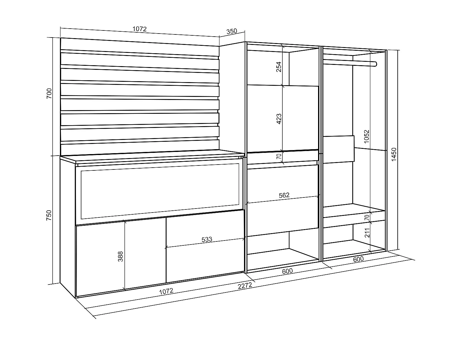 Buffet, Bahut, 227x35x145 cm, Chambre à coucher, pièce, Cheminée électrique XXL, Meuble à Chaussures, Vestiaire ouvert, Blanc