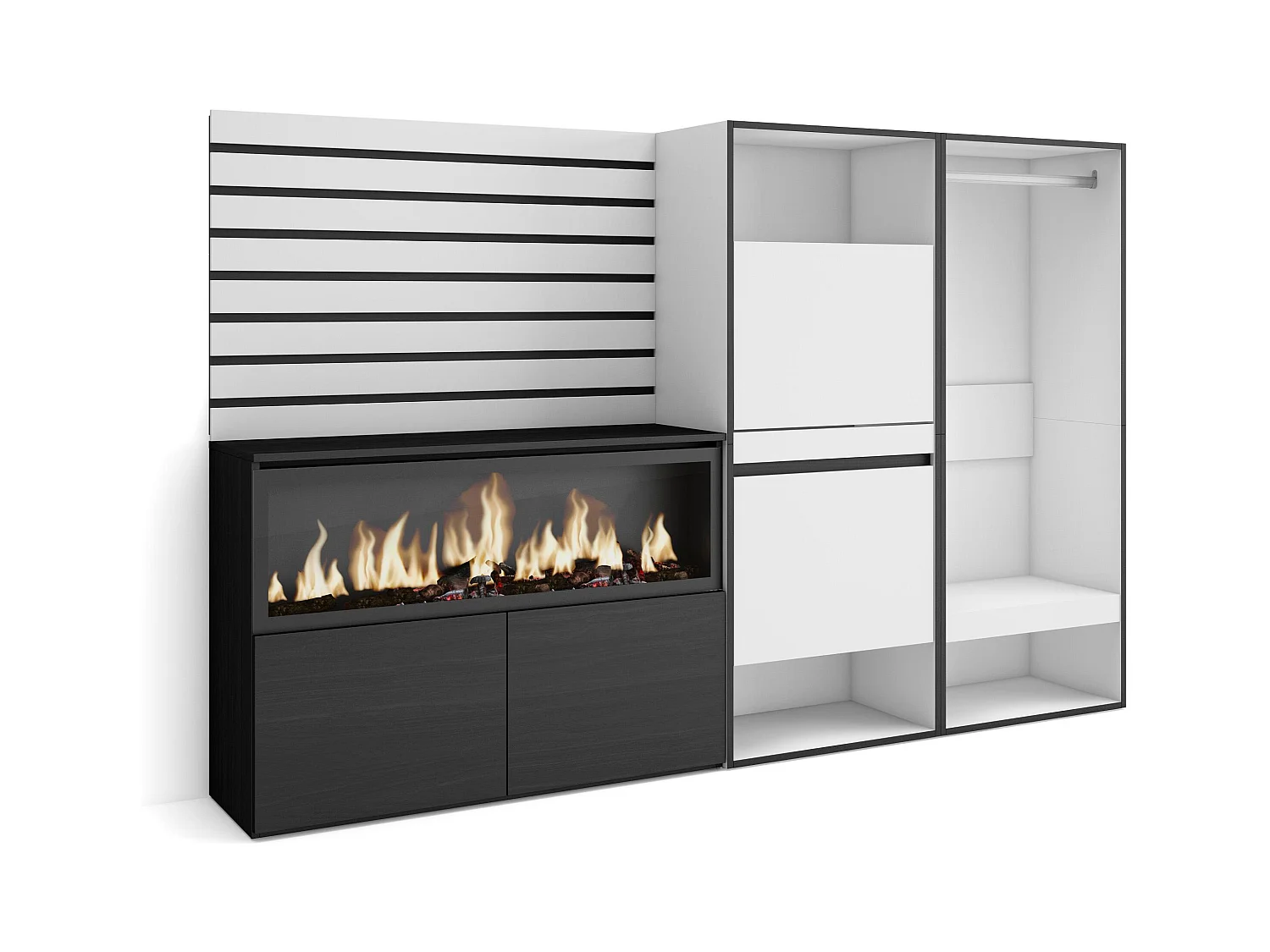 Buffet, Bahut, 227x35x145 cm, Chambre à coucher, pièce, Cheminée électrique XXL, Meuble à Chaussures, Vestiaire ouvert, Blanc