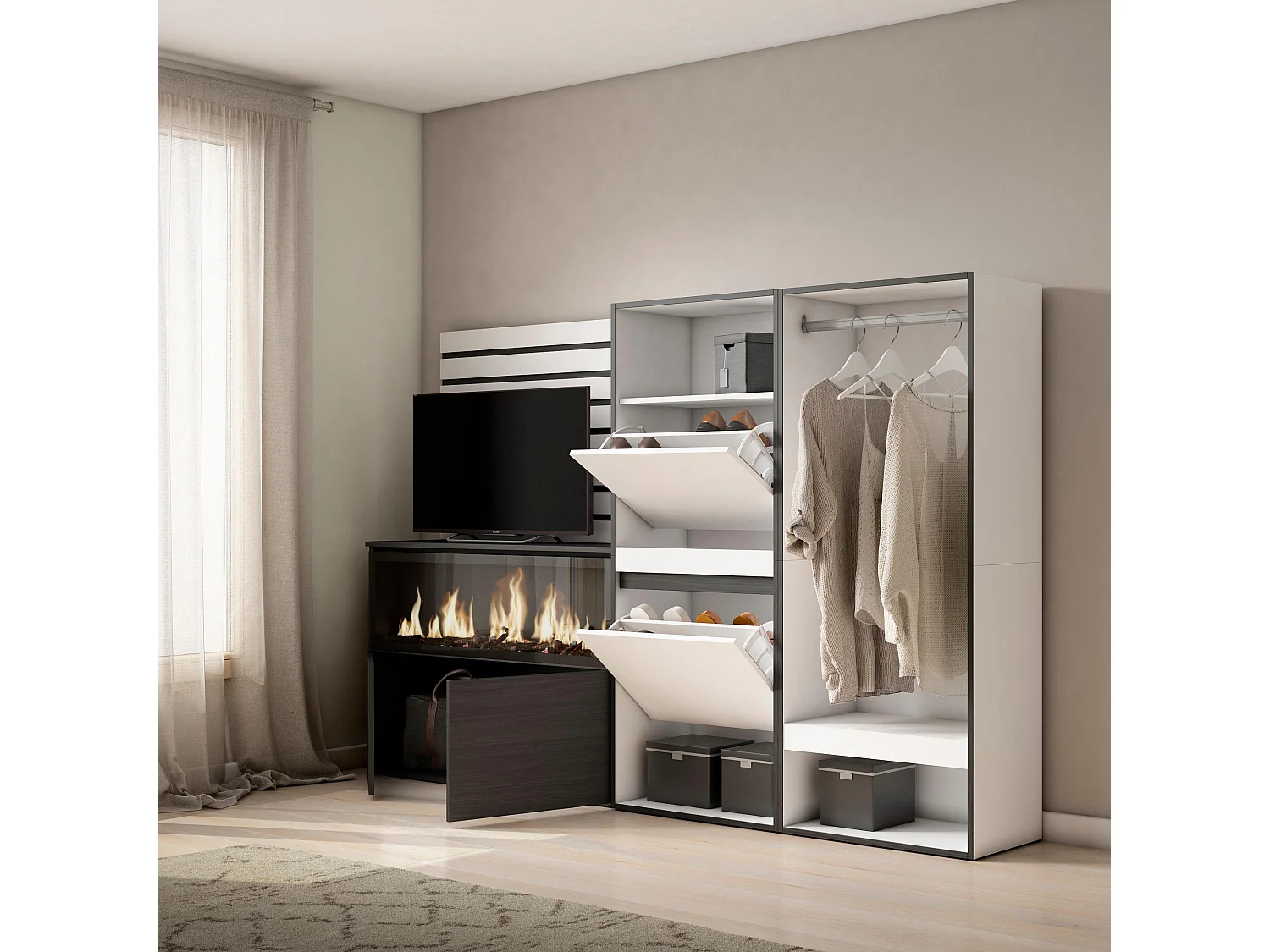 Buffet, Bahut, 227x35x145 cm, Chambre à coucher, pièce, Cheminée électrique XXL, Meuble à Chaussures, Vestiaire ouvert, Blanc