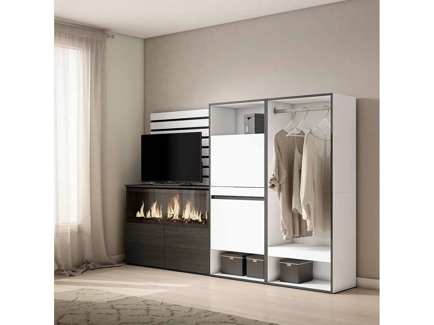 Buffet, Bahut, 227x35x145cm, Chambre à coucher, pièce, Cheminée électrique XXL, Meuble à Chaussures, Vestiaire ouvert, Blanc