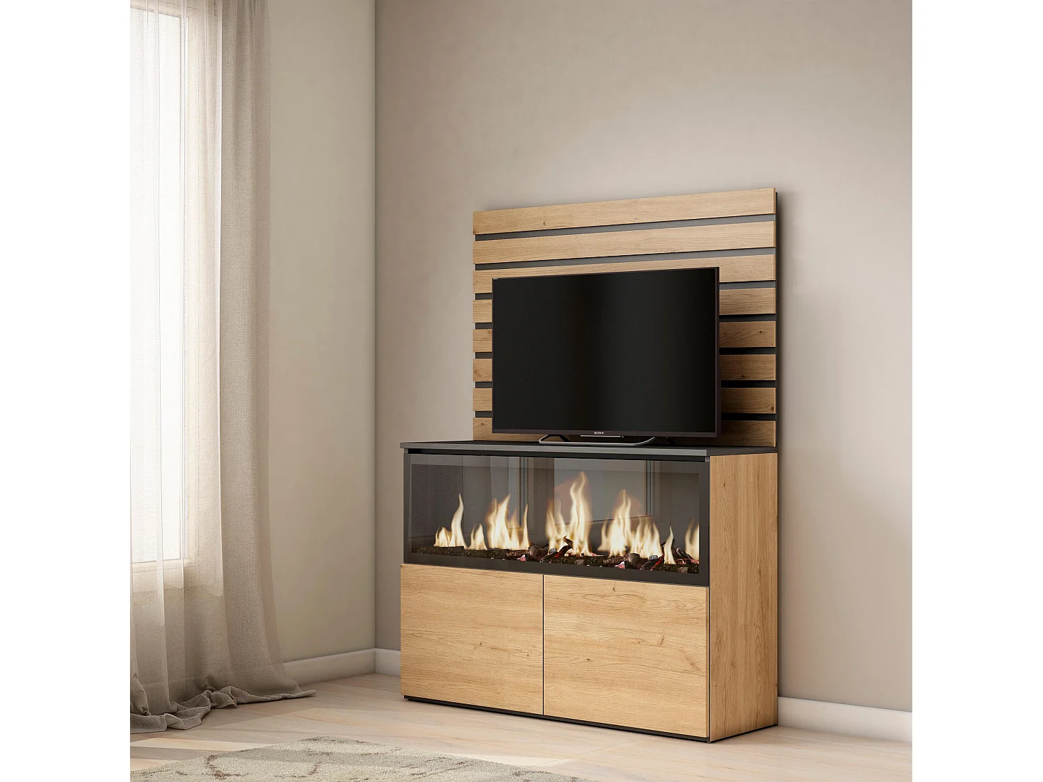Buffet, Bahut, 107x35x145cm, Chambre à coucher, pièce, Cheminée électrique XXL, Chêne
