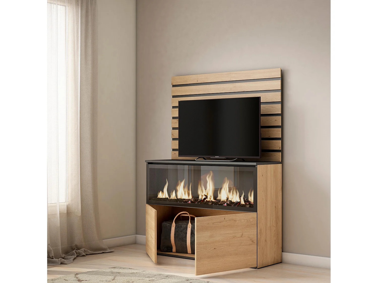 Buffet, Bahut, 107x35x145cm, Chambre à coucher, pièce, Cheminée électrique XXL, Chêne