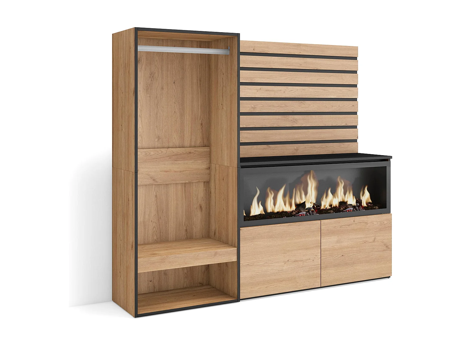 Dressoir, Opbergkast, 167x35x145cm, Voor slaapkamer, kamer, Elektrische haard XXL, Open Kledingkast, Eiken