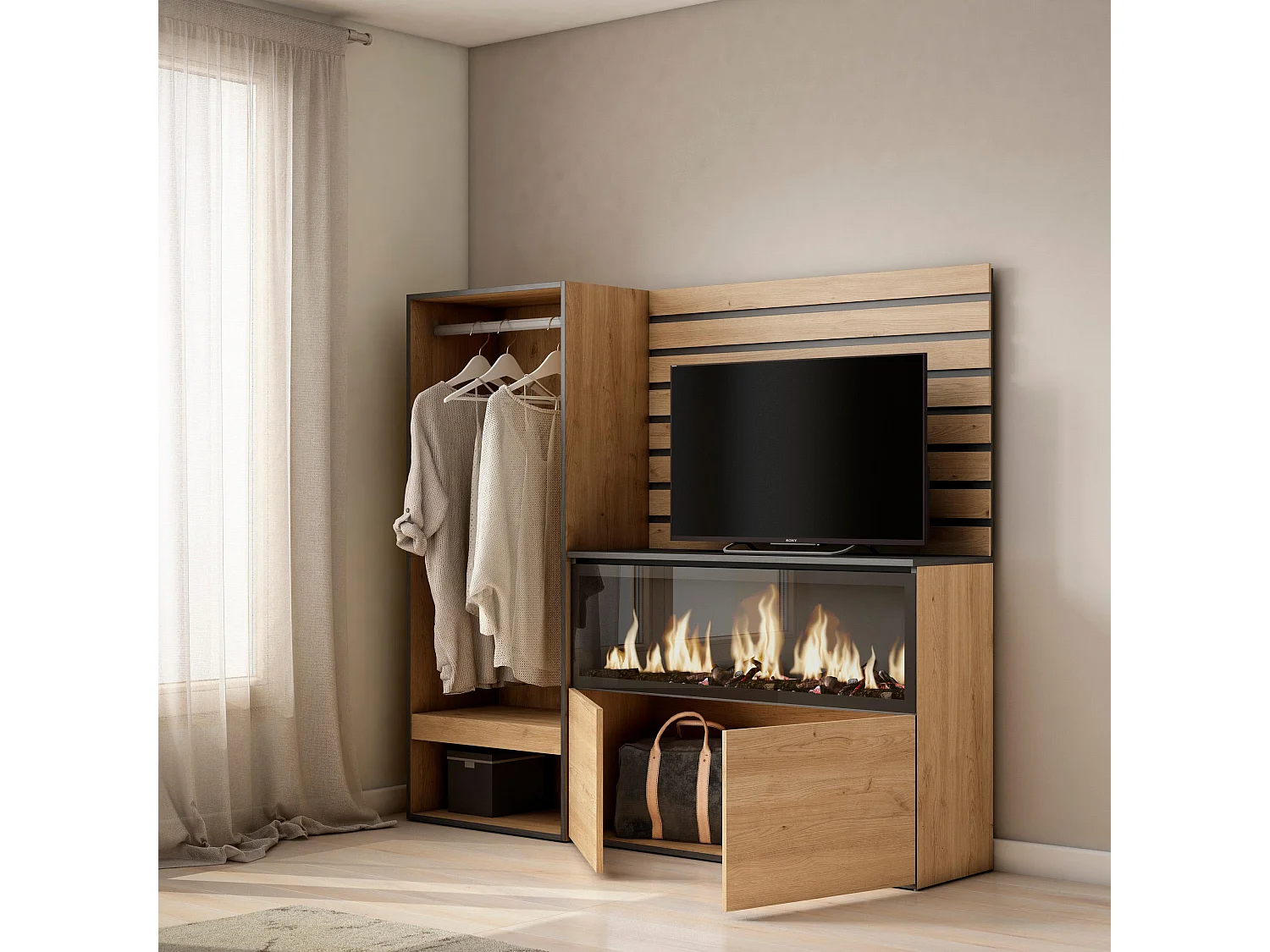 Dressoir, Opbergkast, 167x35x145cm, Voor slaapkamer, kamer, Elektrische haard XXL, Open Kledingkast, Eiken