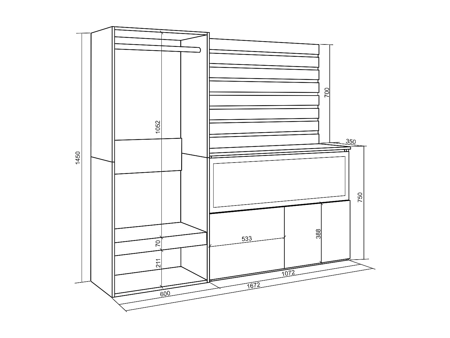 Dressoir, Opbergkast, 167x35x145cm, Voor slaapkamer, kamer, Elektrische haard XXL, Open Kledingkast, Eiken