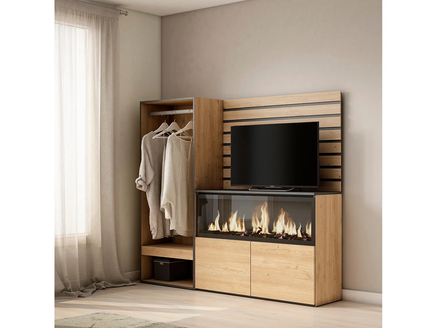 Buffet, Bahut, 167x35x145 cm, Chambre à coucher, pièce, Cheminée électrique XXL, Vestiaire ouvert, Chêne