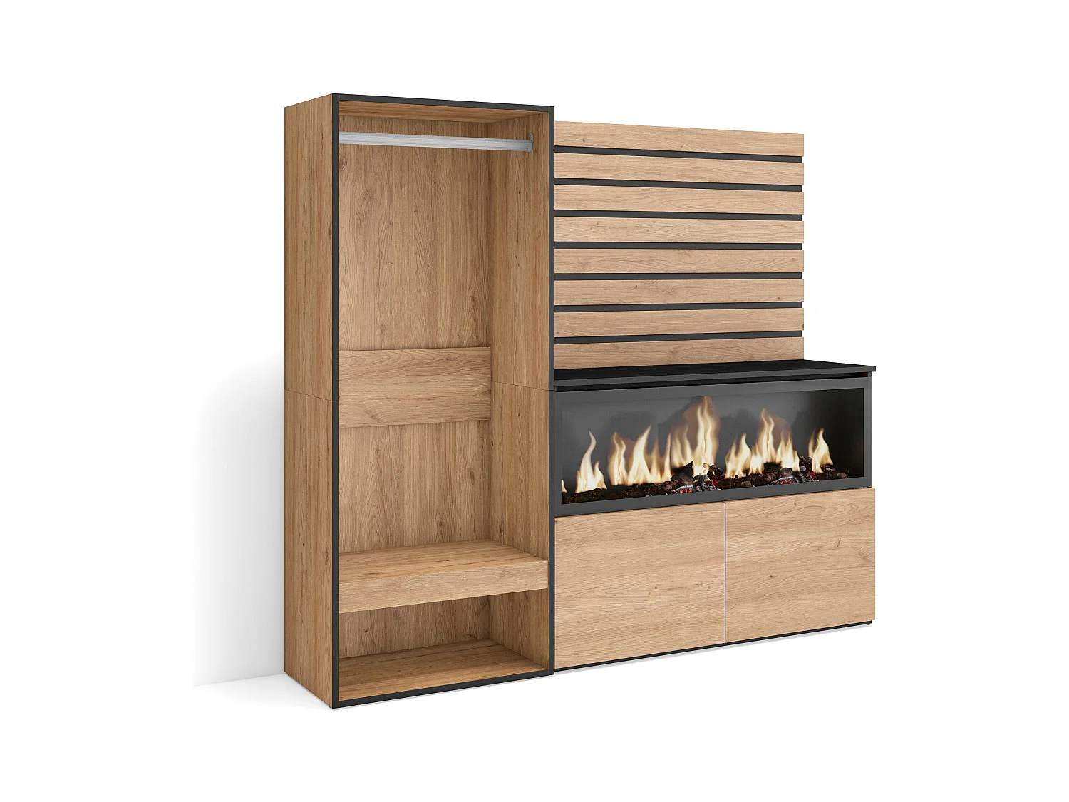 Buffet, Bahut, 167x35x145 cm, Chambre à coucher, pièce, Cheminée électrique XXL, Vestiaire ouvert, Chêne