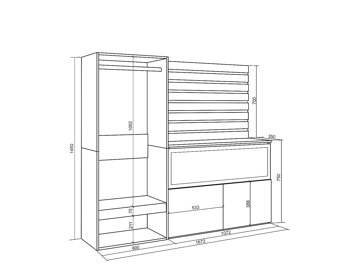 Buffet, Bahut, 167x35x145cm, Chambre à coucher, pièce, Cheminée électrique XXL, Vestiaire ouvert, Chêne