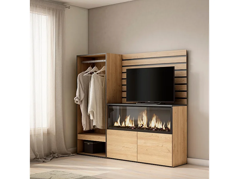 Dressoir, Opbergkast, 167x35x145cm, Voor slaapkamer, kamer, Elektrische haard XXL, Open Kledingkast, Eiken