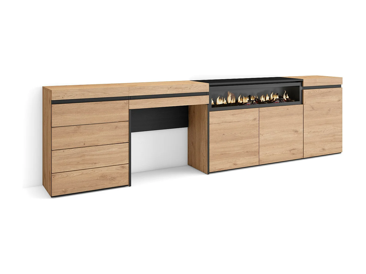 Sideboard, Kommode, 277x35x75cm, Für Schlafzimmer, Elektrokamin, Kommode mit Schubladen, Schminktisch, Eiche