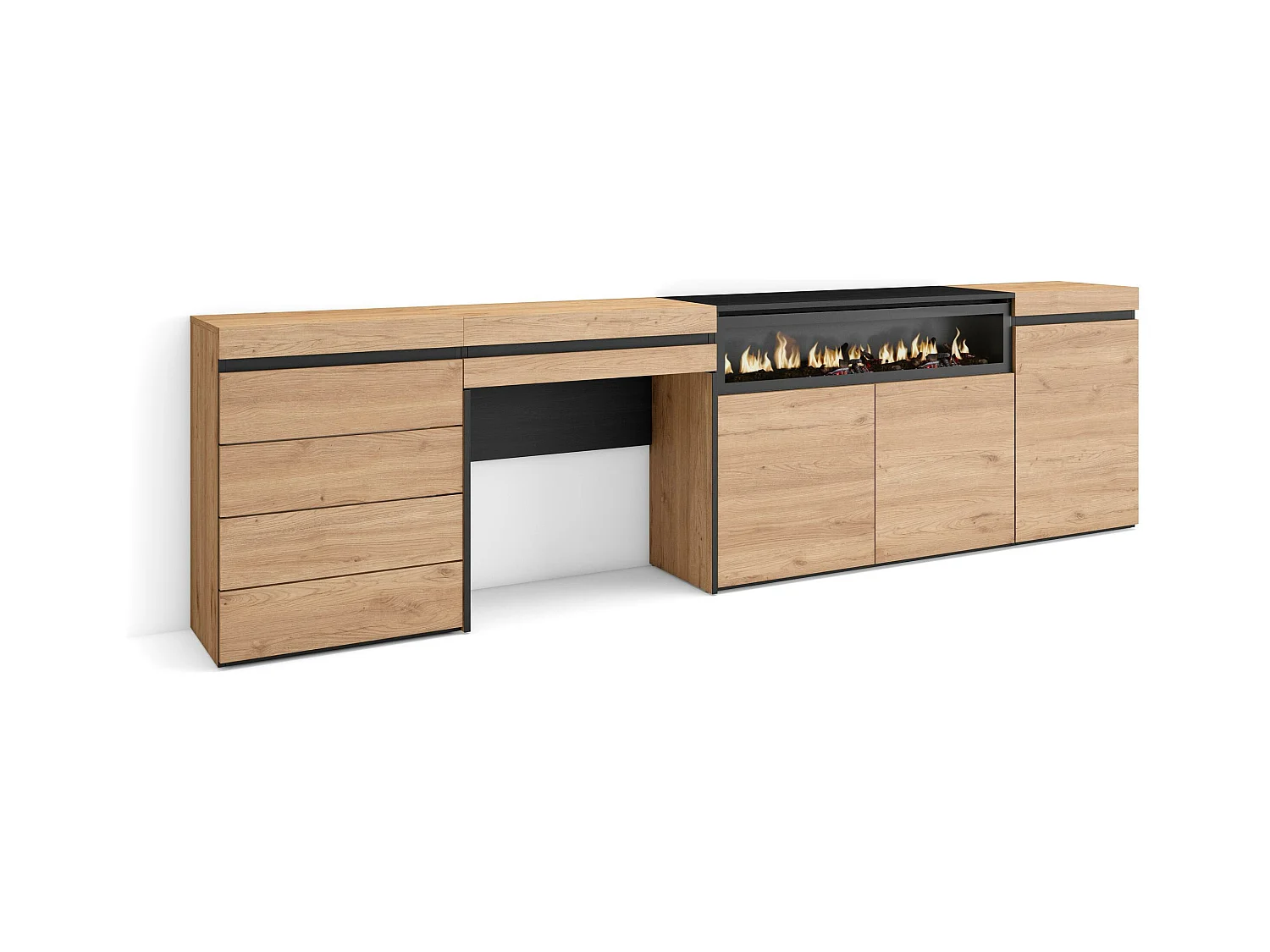 Buffet, Bahut, 277x35x75 cm, Chambre à coucher, pièce, Cheminée électrique, Commode, Buffet, Coiffeuse, Chêne