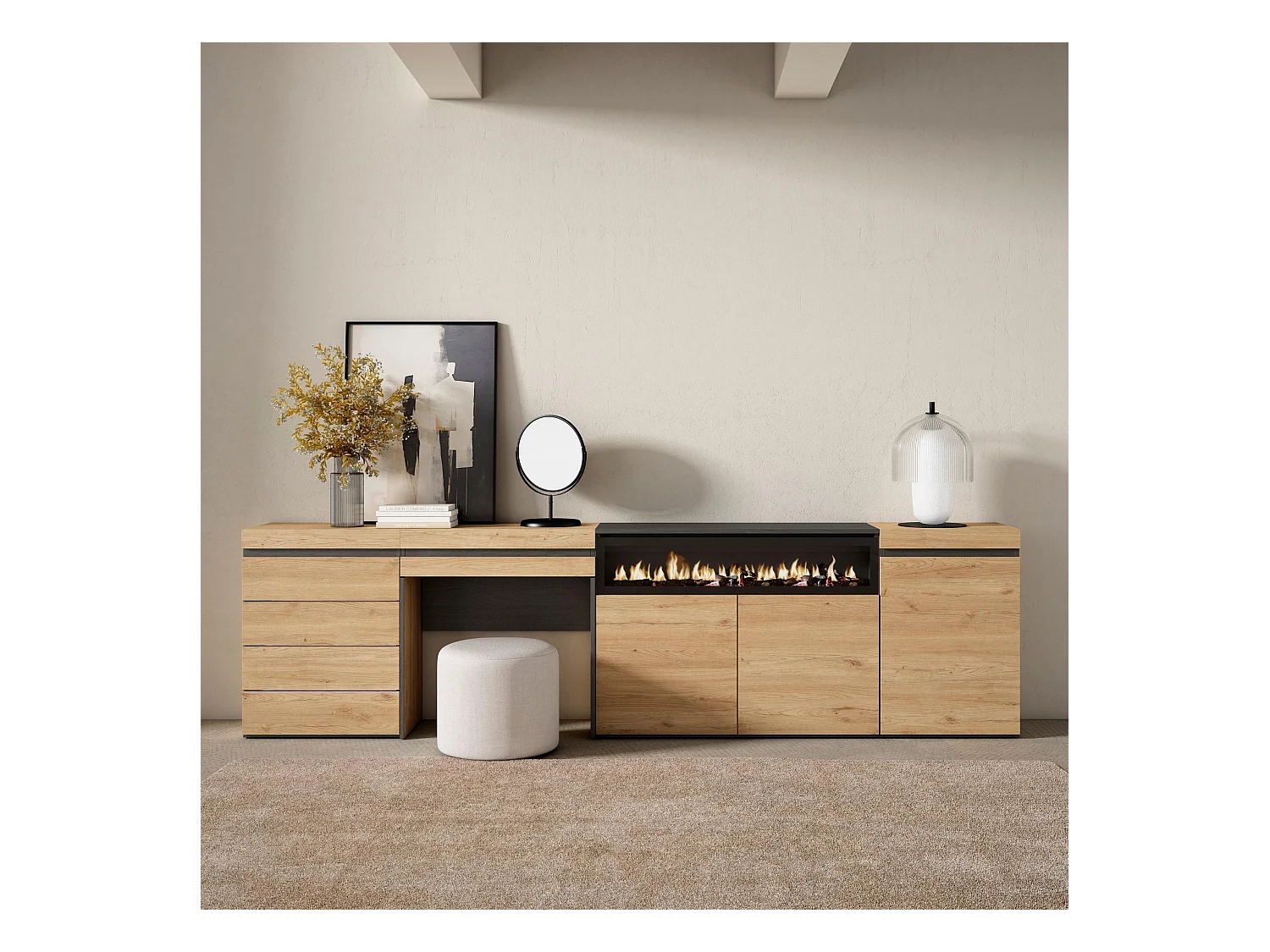 Aparador, Buffet, 277x35x75cm, Para quarto, dormitório, Lareira eléctrica, Cómoda, Toucador, Carvalho