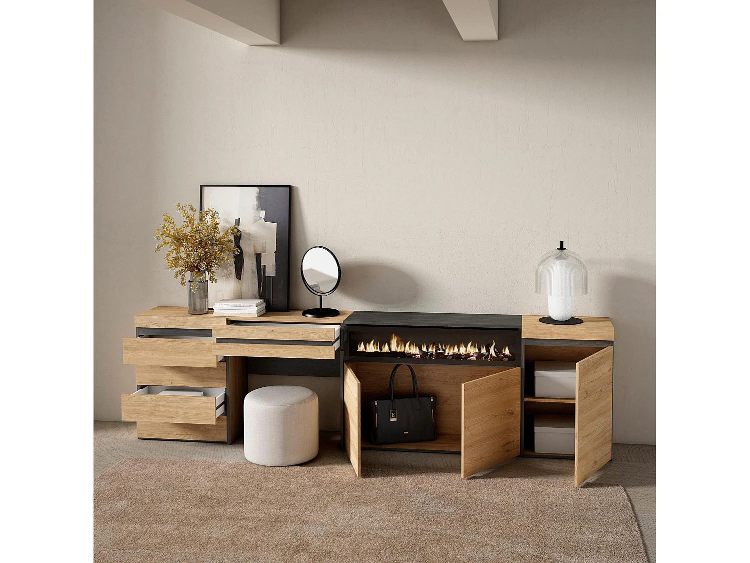 Aparador, Buffet, 277x35x75cm, Para quarto, dormitório, Lareira eléctrica, Cómoda, Toucador, Carvalho